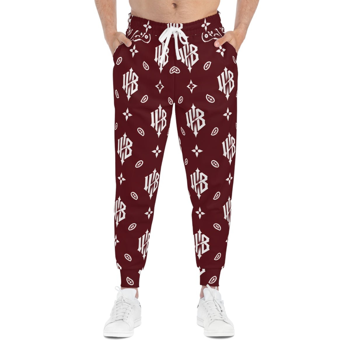 Maroon Monogram Joggers — All-Over Athletic Sweatpants with Bandana Pattern