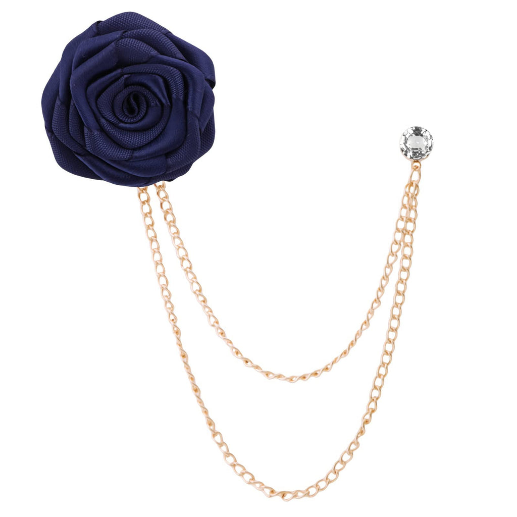 Bridegroom Wedding Brooches Rose Flower with Gold Leaf Brooch Floral Lapel Stick Handmade Boutonniere Pins Badge Tassel Chain Mens Suit Accessories NavyBlue