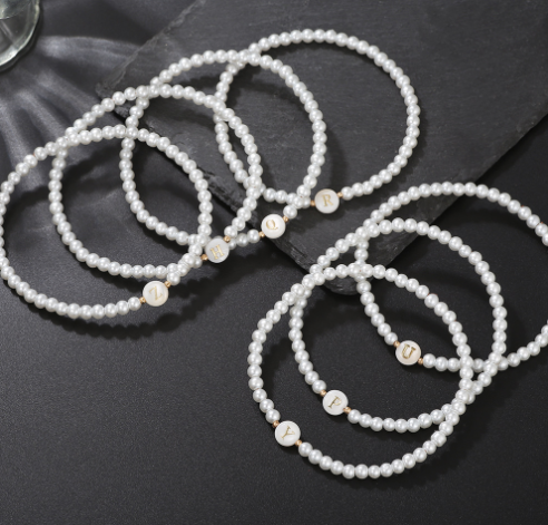 Dainty Faux Pearl Bead Initial Bracelet for Women