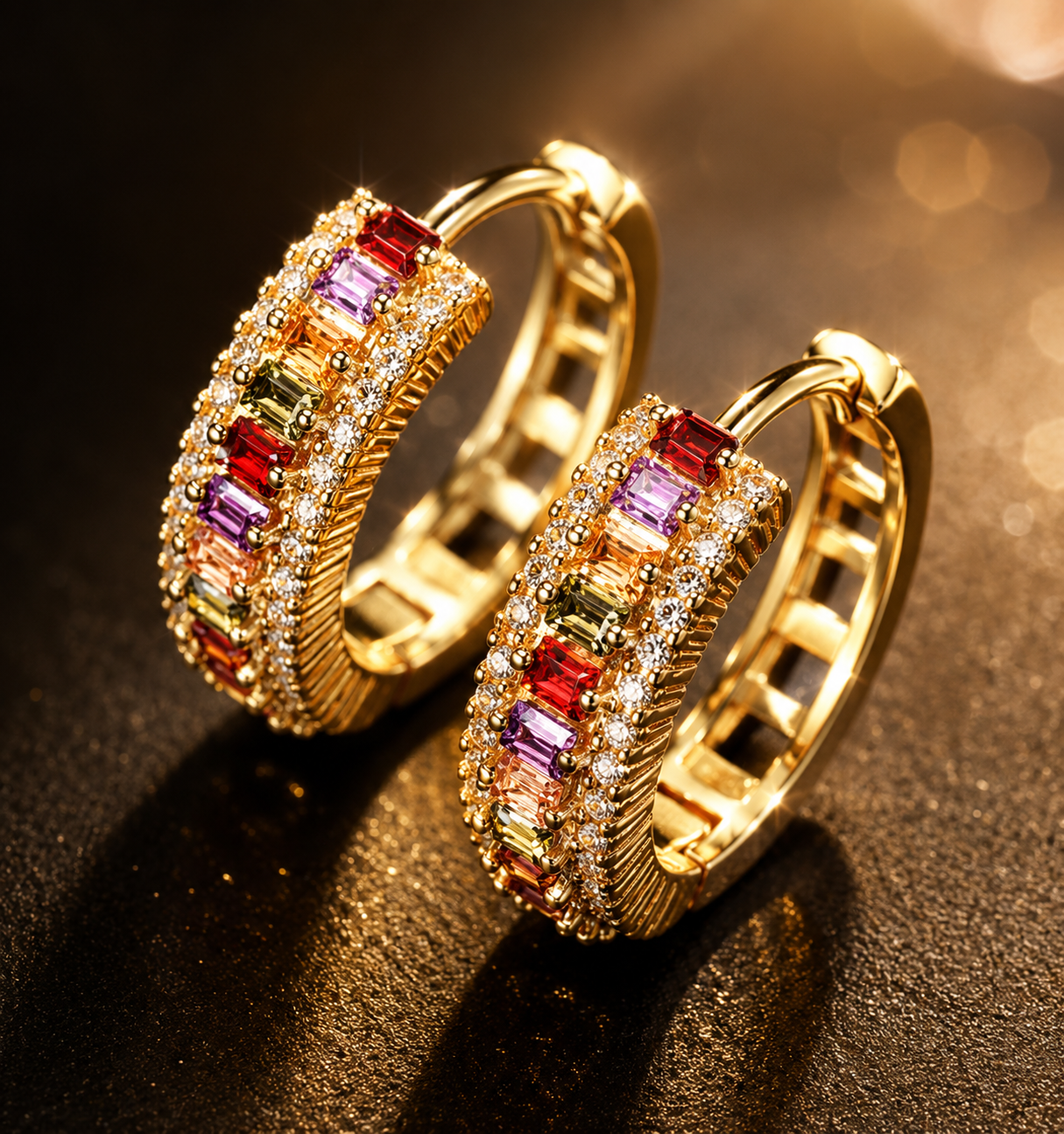 18K Gold Rainbow Gem Hoop Earrings - Radiant Multicolor Elegance