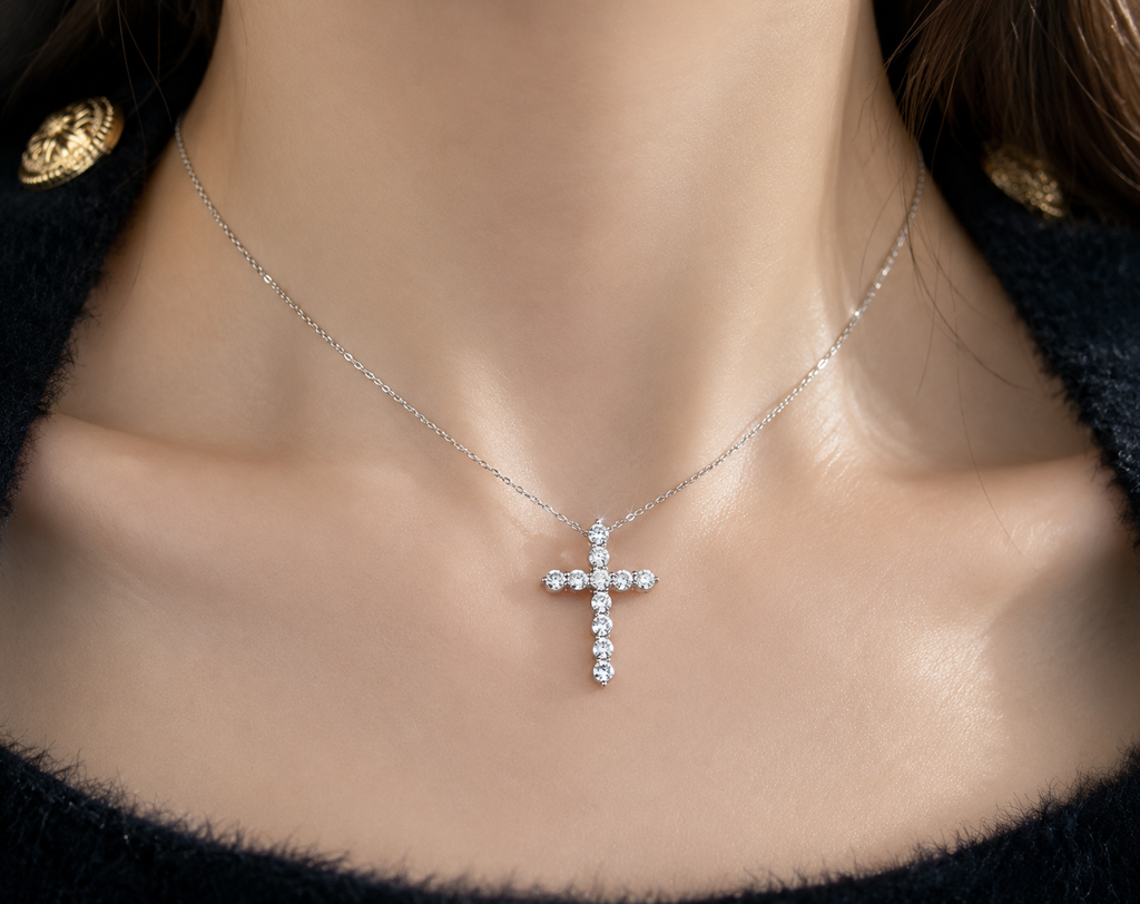 Moissanite Cross Pendant Necklace in 925 Sterling Silver