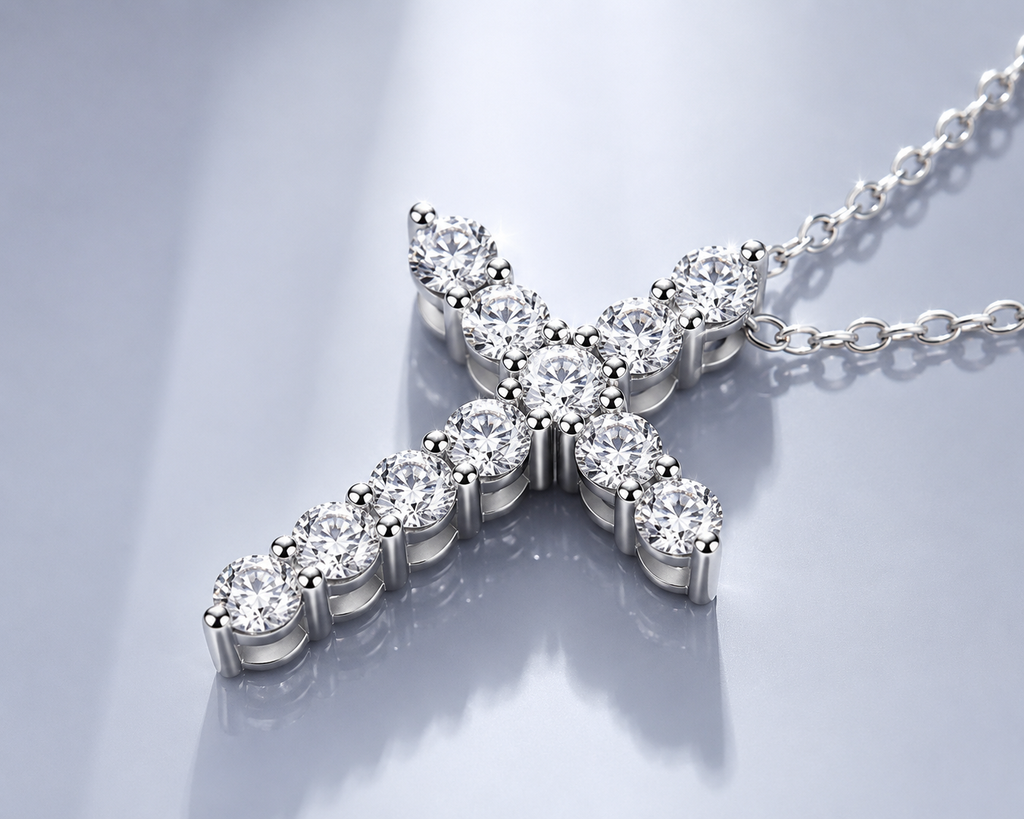 Moissanite Cross Pendant Necklace in 925 Sterling Silver