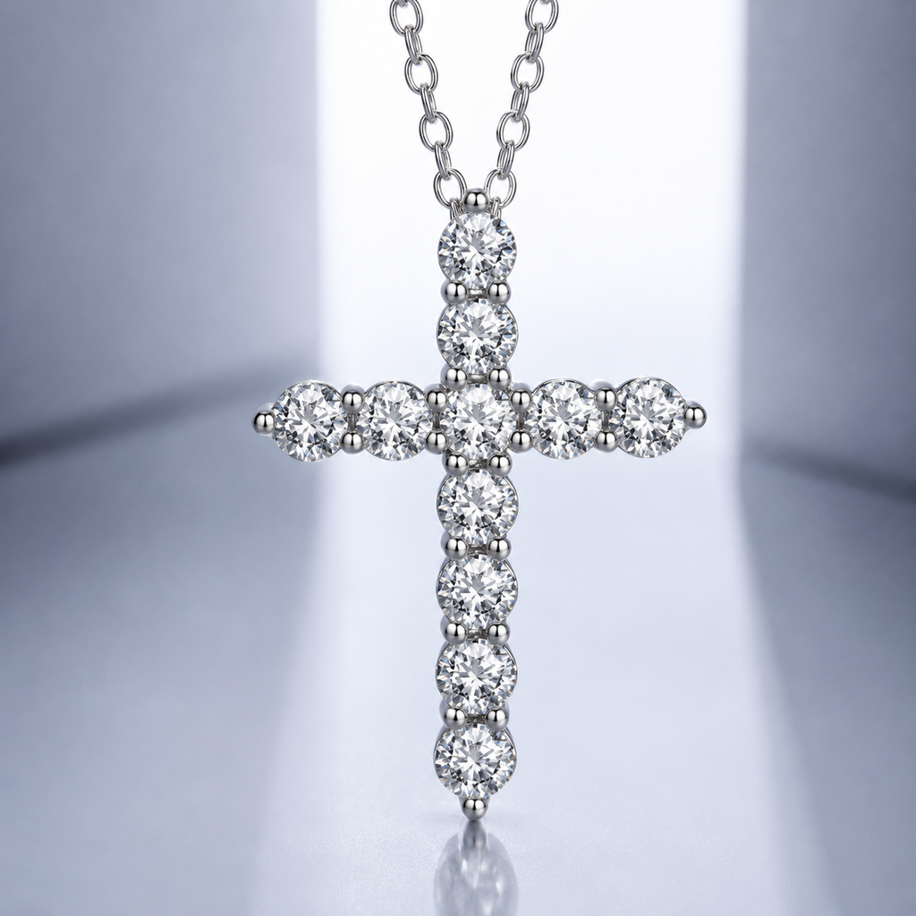 Moissanite Cross Pendant Necklace in 925 Sterling Silver