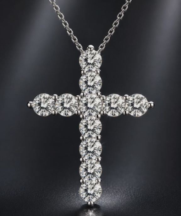 Moissanite Cross Pendant Necklace in 925 Sterling Silver